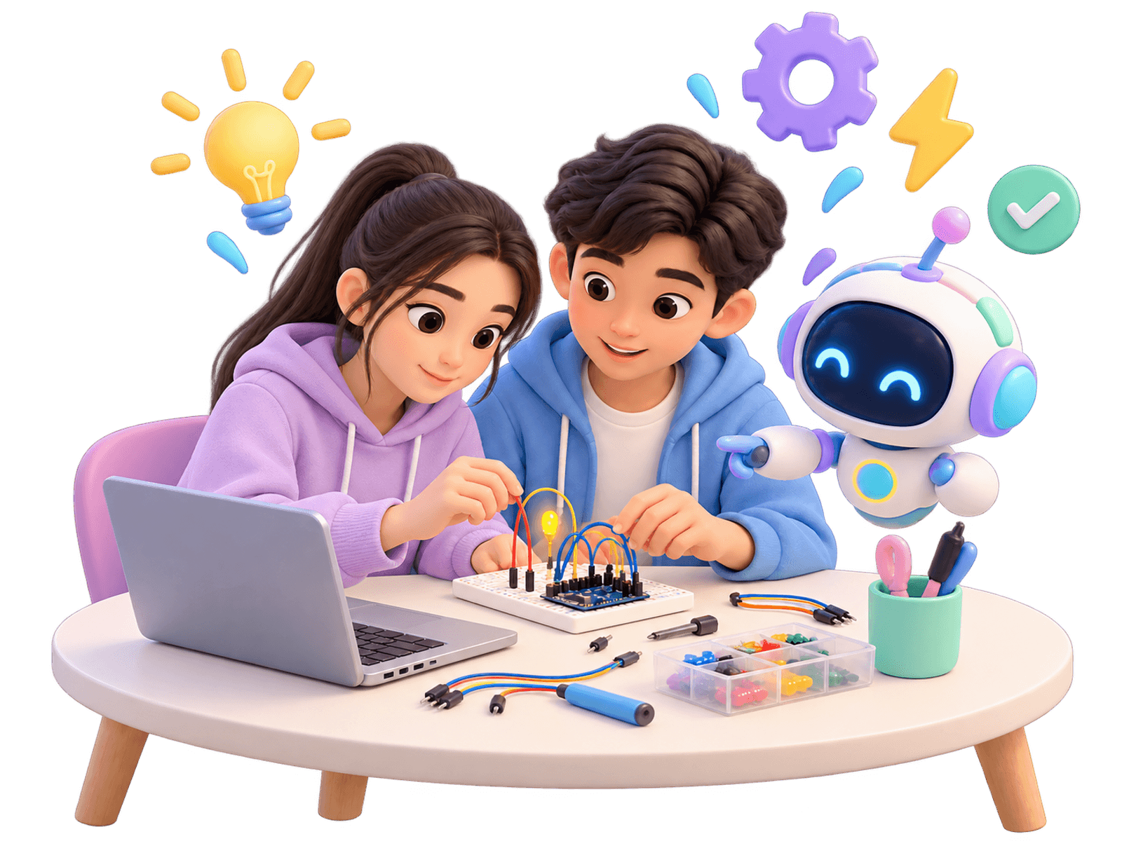 Ikki o‘quvchi noutbuk va elektron sxema ustida ishlamoqda, yonida do‘stona AI robot